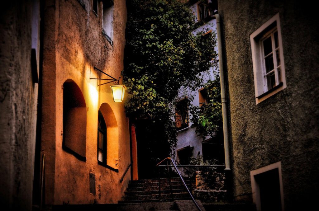 illuminated lantern, alley, stairs
